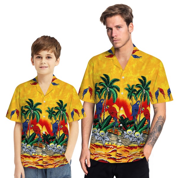 Tropical Hawaiian Aloha Shirt Parrot Palm Yellow Casual Button-Down Shirts For Men Boys