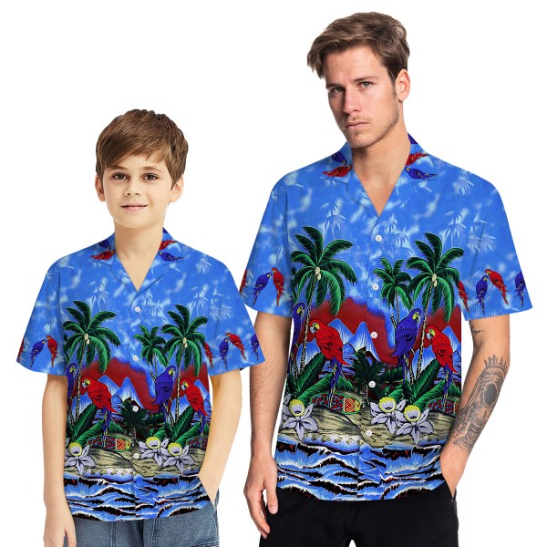 Tropical Hawaiian Aloha Shirt Parrot Palm Blue Casual Button-Down Shirts For Men Boys