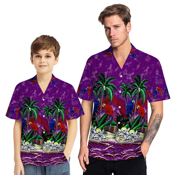 Tropical Hawaiian Aloha Shirt Parrot Palm Purple Casual Button-Down Shirts For Men Boys
