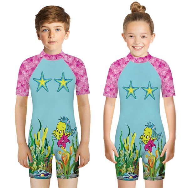 Kid's Fish Sea-Weed One-Piece Swimsuit 3D Short Sleeve Swimwear For Boys & Girls