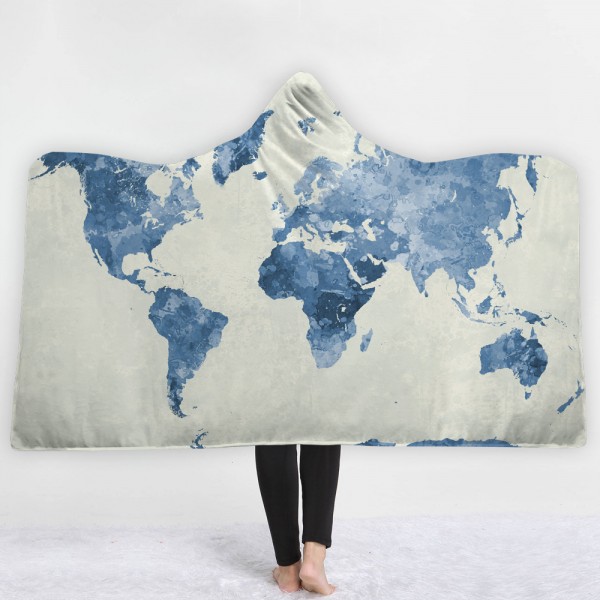Blue White World Map 3D Hooded Blanket