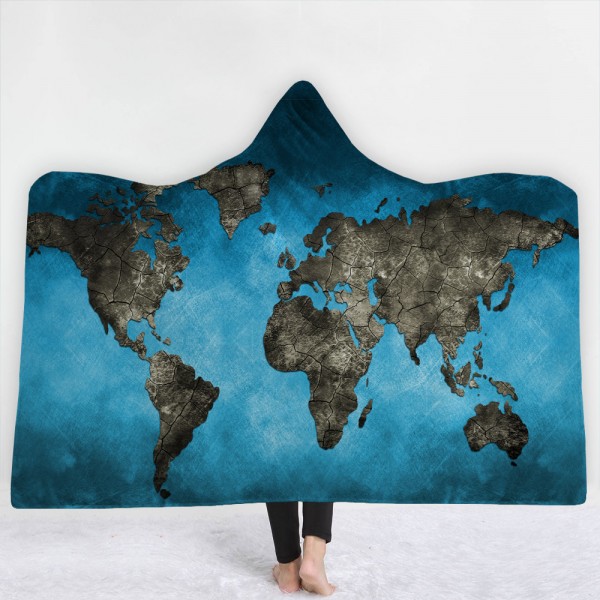 Blue World Map Wearable 3D Hooded Blanket