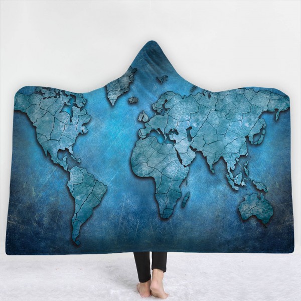 World Map Wearable 3D Hooded Blanket In Lake Blue