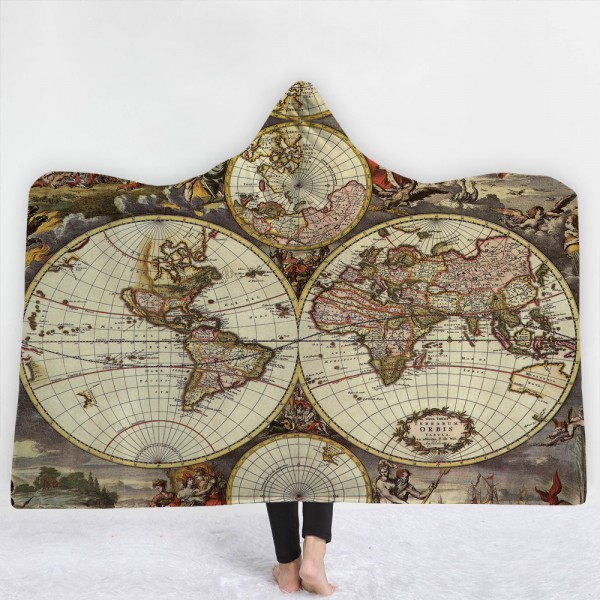 Vintaga Compass World Map 3D Hooded Blanket