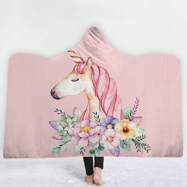 Flower Unicorn Light Pink 3D Hooded Blanket