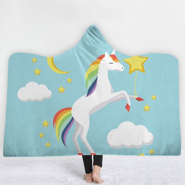 Unicorn Cloud Star Blue 3D Hooded Blanket