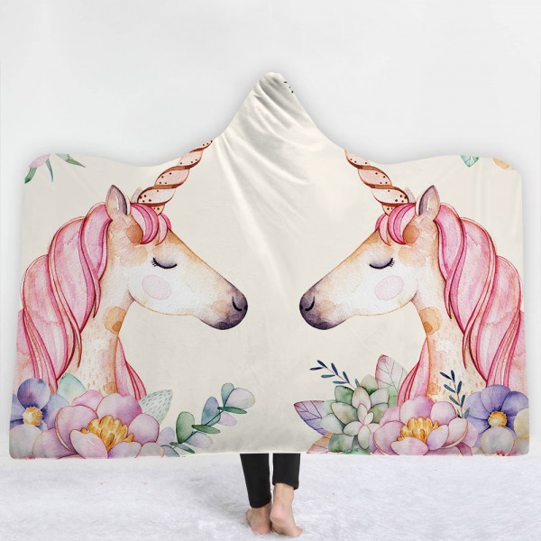 Two Pink Unicorns Wearable Flower 3D White Hooded Blanket