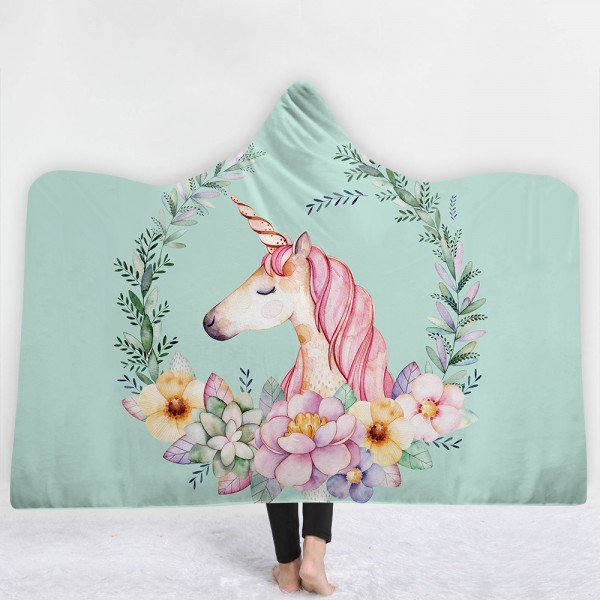 Flower Unicorn Wearable Green 3D Hooded Blanket