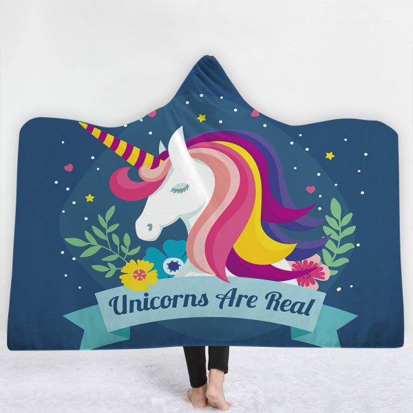 Colorful Unicorn Deep Blue 3D Printing Hooded Blanket