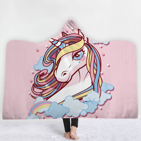 Colorful Unicorn Pink Wearable 3D Printing Hooded Blanket