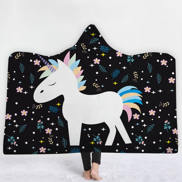 Unicorn Flower Black Wearable 3D Print Hooded Blanket