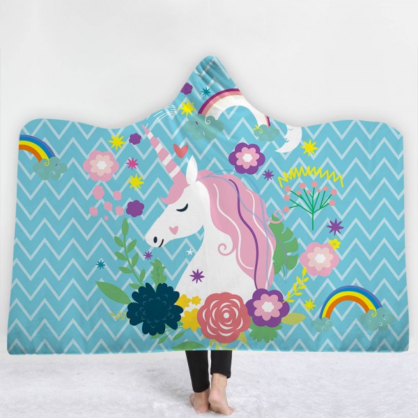 Pink Unicorn Blooming Flower Rainbow Blue 3D Hooded Blanket