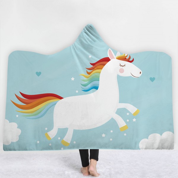 Rainbow Unicorn Blue 3D Printing Hooded Blanket