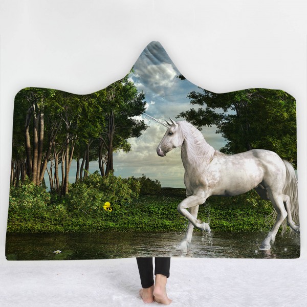 White Unicorns Forest River 3D Printing Hooded Blanket