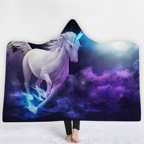 Unicorn Purple Starry Sky 3D Printing Hooded Blanket