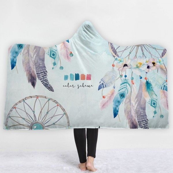 Colorful Feather Watercolour Dreamcatcher 3D Printing Hooded Blanket