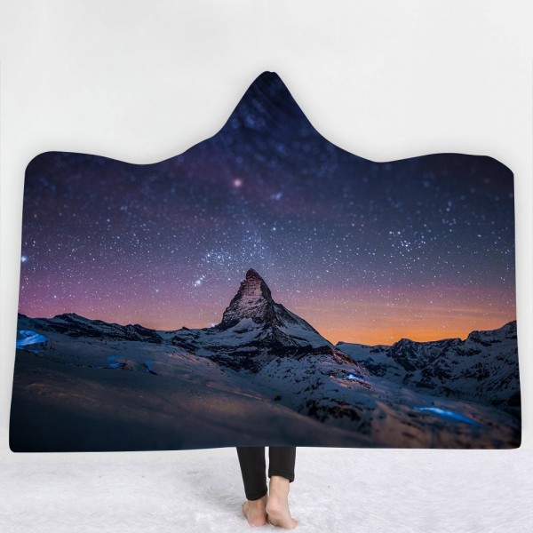 Snow Mountain Night Sky Galaxy 3D Hooded Blanket