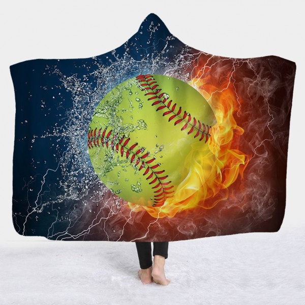 Yellow Baseball Fire Water 3D Printing Hooded Blanket