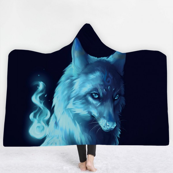 White Wolf Black Wearable 3D Printing Hooded Blanket