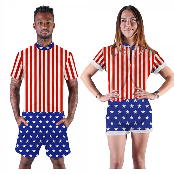 USA American Flag Romper Shorts 3D Zip Up Short Sleeve Jumpsuit One Piece Outfit Shorts