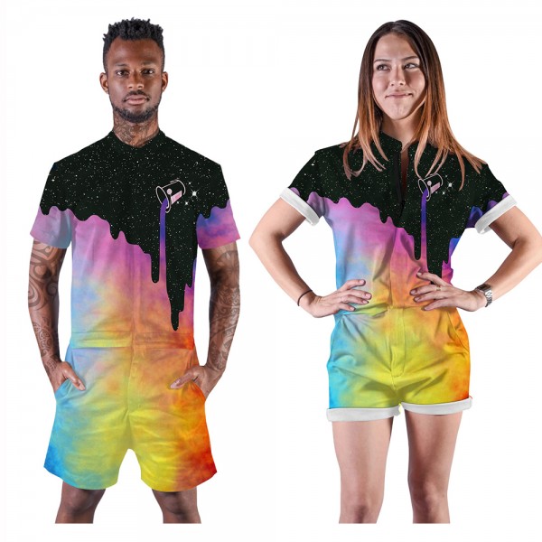 Space Colorful Paint Romper Shorts 3D Zip Up Short Sleeve Jumpsuit One Piece Outfit Shorts