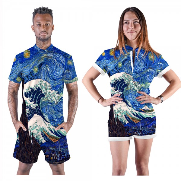 Blue Painting Romper Shorts 3D Zip Up Short Sleeve Jumpsuit One Piece Outfit Shorts