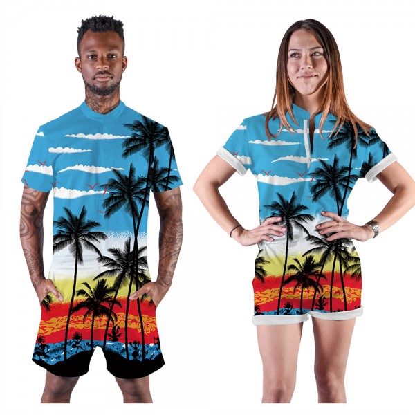 Coconut Palm Romper Shorts 3D Zip Up Short Sleeve Jumpsuit One Piece Outfit Shorts