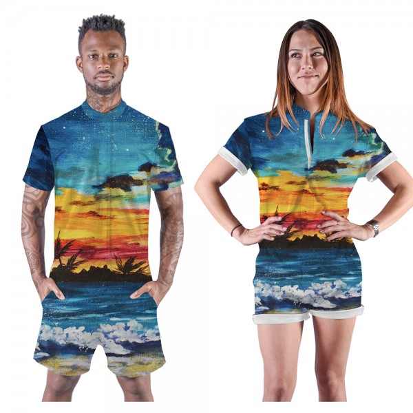 Beach Sunset Romper Shorts 3D Zip Up Short Sleeve Jumpsuit One Piece Outfit Shorts