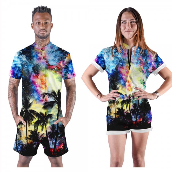 Coconut Palm Galaxy Romper Shorts 3D Zip Up Short Sleeve Jumpsuit One Piece Outfit Shorts