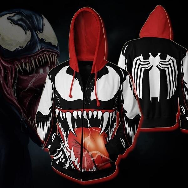 Spiderman Hoodie - Black White Venom Spider-Man 3D Zip Up Hoodies Jacket Coat
