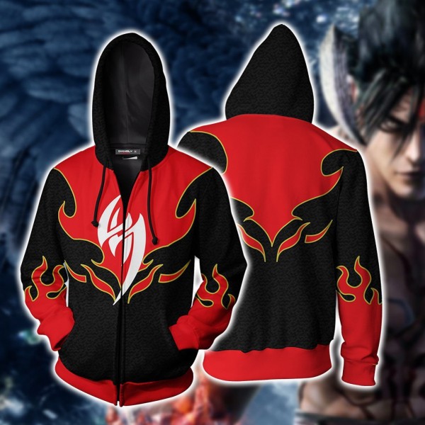 Tekken Hoodie - Tekken Jin Kazama Red Flame 3D Zip Up Hoodies Jacket Cosplay