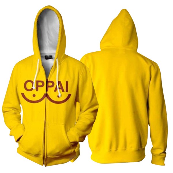 One Punch Man Hoodie - Saitama Oppai Yellow 3D Zip Up Hoodies Jacket Cosplay
