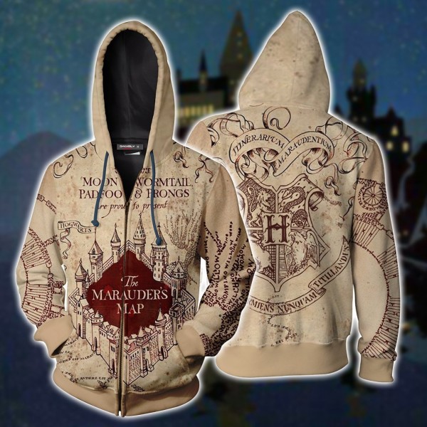 Harry Potter Hoodie Jacket - The Marauder's Map 3D Zip Up Hoodies Jacket Coat