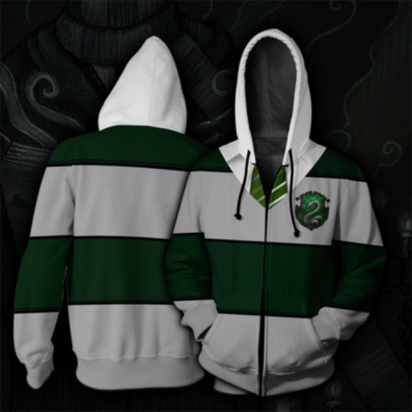 Harry Potter Hoodie Jacket - Slytherin Green Striped 3D Zip Up Hoodies Jacket Coat